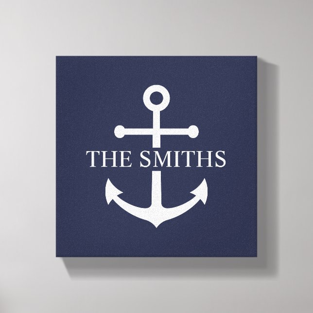 Nautical Navy Blue Anchor Personalized Family Name Canvas Print (Front)