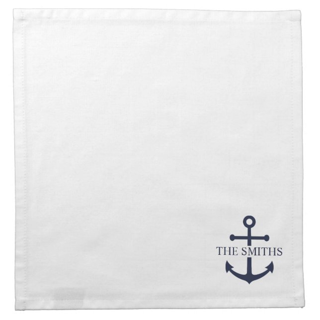 Nautical Navy Blue Anchor Personalized Family Name Cloth Napkin (Front)