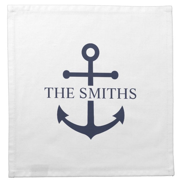 Nautical Navy Blue Anchor Personalized Family Name Cloth Napkin (Front)