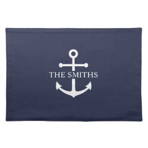 Nautical Navy Blue Anchor Personalized Family Name Cloth Placemat