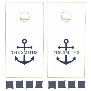 Nautical Navy Blue Anchor Personalized Family Name Cornhole Set