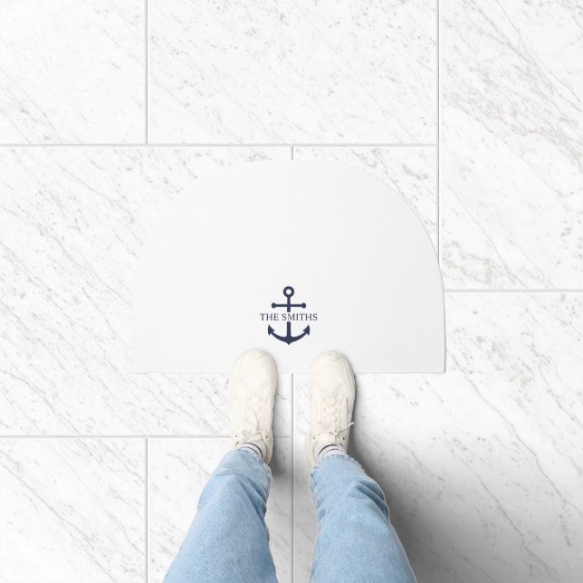 Nautical Navy Blue Anchor Personalized Family Name Doormat (Indoor)