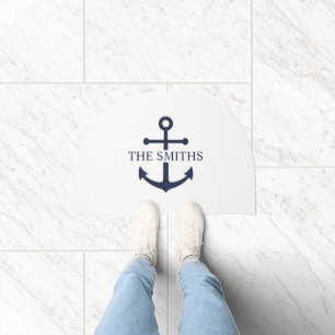 Nautical Navy Blue Anchor Personalized Family Name Doormat