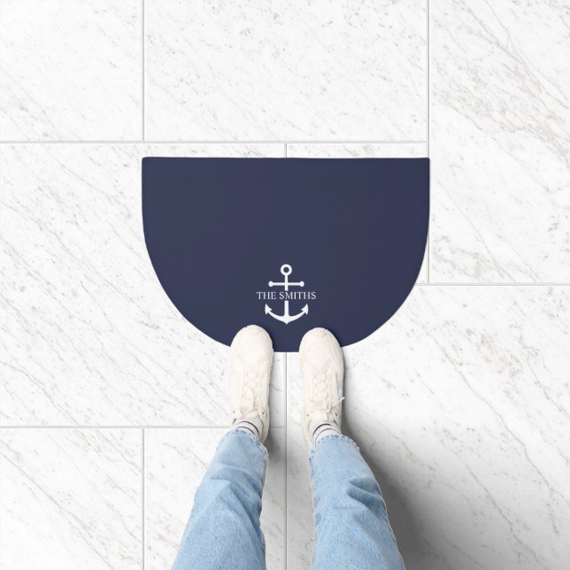 Nautical Navy Blue Anchor Personalized Family Name Doormat (Indoor)