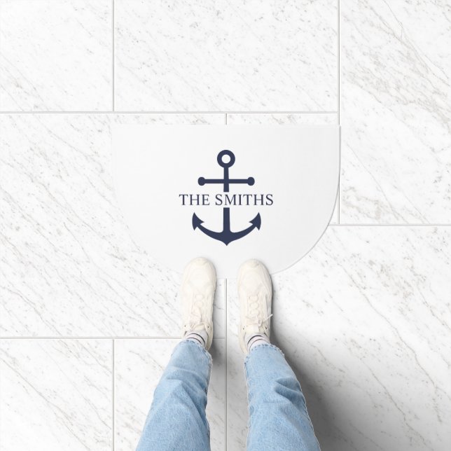 Nautical Navy Blue Anchor Personalized Family Name Doormat (Indoor)