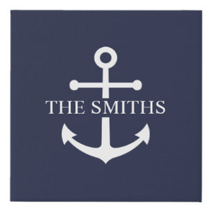 Nautical Navy Blue Anchor Personalized Family Name Faux Canvas Print