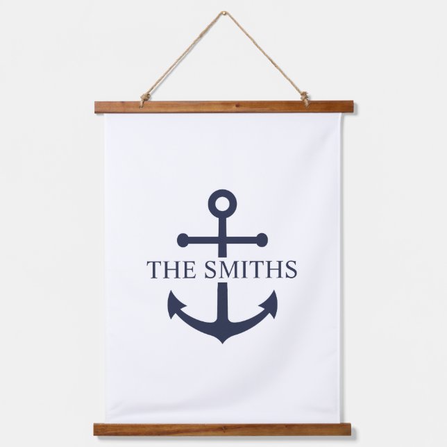 Nautical Navy Blue Anchor Personalized Family Name Hanging Tapestry (Front)