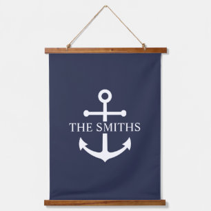 Nautical Navy Blue Anchor Personalized Family Name Hanging Tapestry