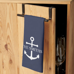 Nautical Navy Blue Anchor Personalized Family Name Kitchen Towel