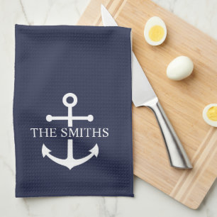 Nautical Navy Blue Anchor Personalized Family Name Kitchen Towel