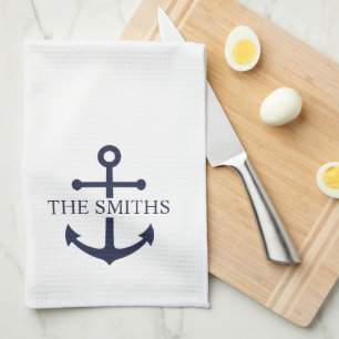 Nautical Navy Blue Anchor Personalized Family Name Kitchen Towel
