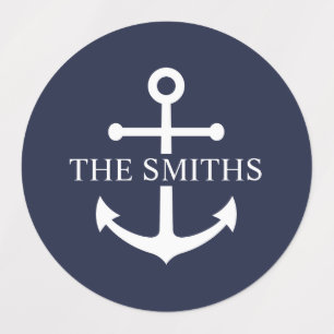 Nautical Navy Blue Anchor Personalized Family Name Labels