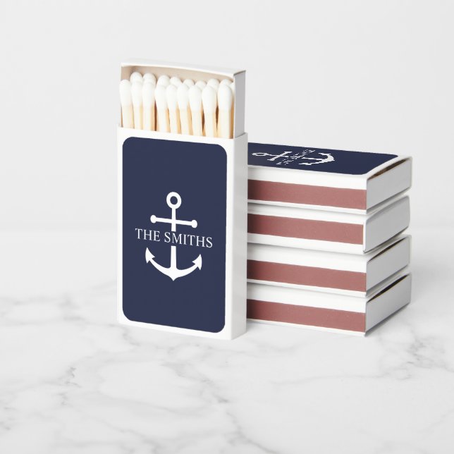 Nautical Navy Blue Anchor Personalized Family Name Matchboxes (Stacked)