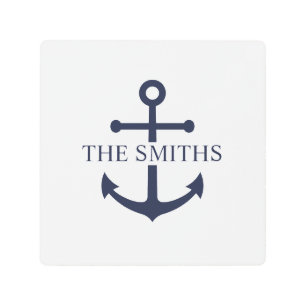 Nautical Navy Blue Anchor Personalized Family Name Metal Print