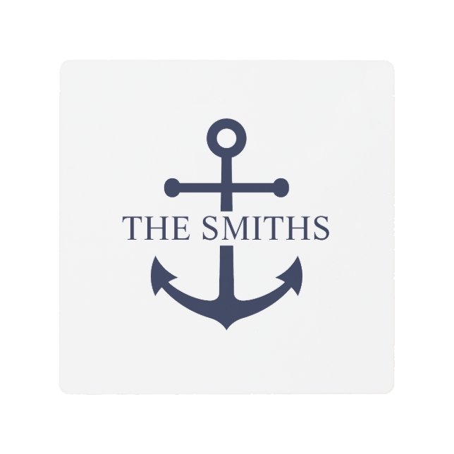 Nautical Navy Blue Anchor Personalized Family Name Metal Print (Front)