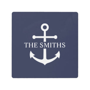 Nautical Navy Blue Anchor Personalized Family Name Metal Print