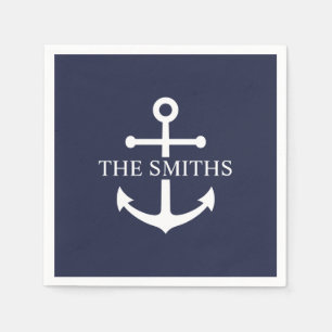 Nautical Navy Blue Anchor Personalized Family Name Napkins