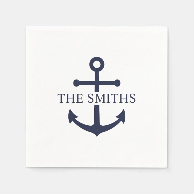 Nautical Navy Blue Anchor Personalized Family Name Napkins (Front)