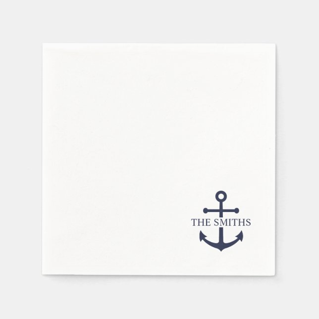 Nautical Navy Blue Anchor Personalized Family Name Napkins (Front)
