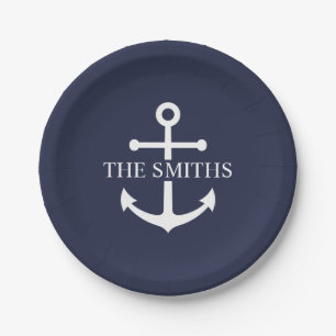 Nautical Navy Blue Anchor Personalized Family Name Paper Plates