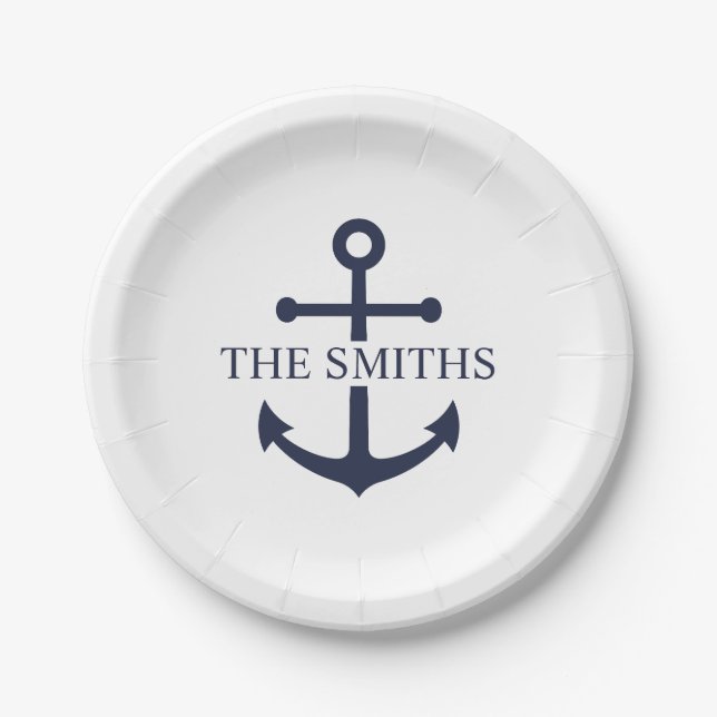 Nautical Navy Blue Anchor Personalized Family Name Paper Plates (Front)