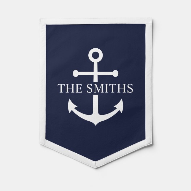 Nautical Navy Blue Anchor Personalized Family Name Pennant (Front)