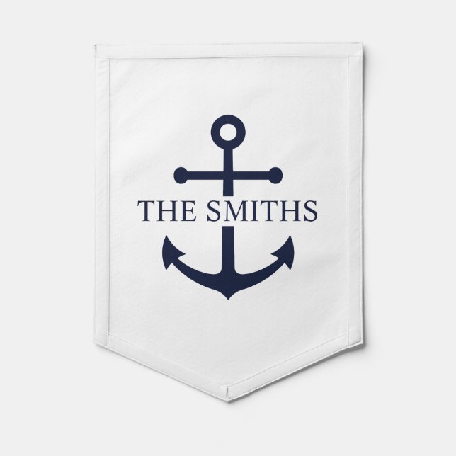 Nautical Navy Blue Anchor Personalized Family Name Pennant (Front)