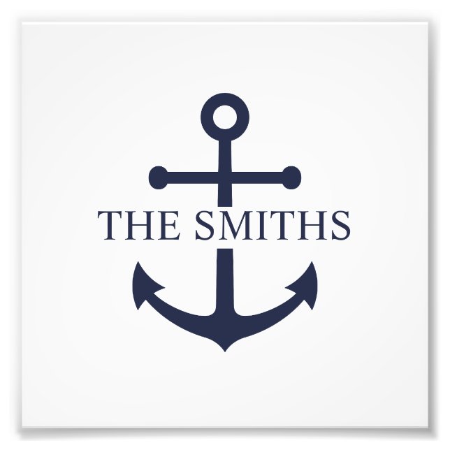 Nautical Navy Blue Anchor Personalized Family Name Photo Print (Front)