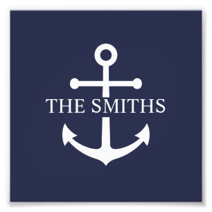 Nautical Navy Blue Anchor Personalized Family Name Photo Print
