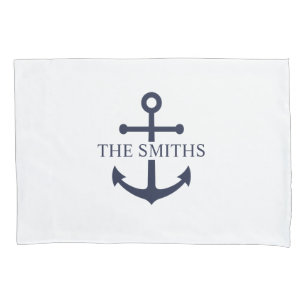 Nautical Navy Blue Anchor Personalized Family Name Pillow Case