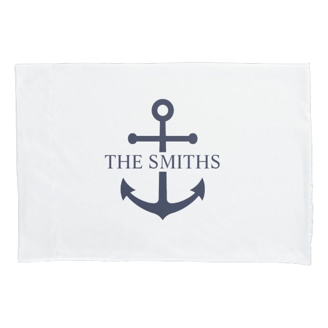 Nautical Navy Blue Anchor Personalized Family Name Pillow Case (Front)