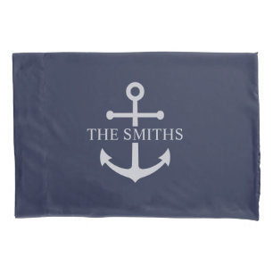 Nautical Navy Blue Anchor Personalized Family Name Pillow Case