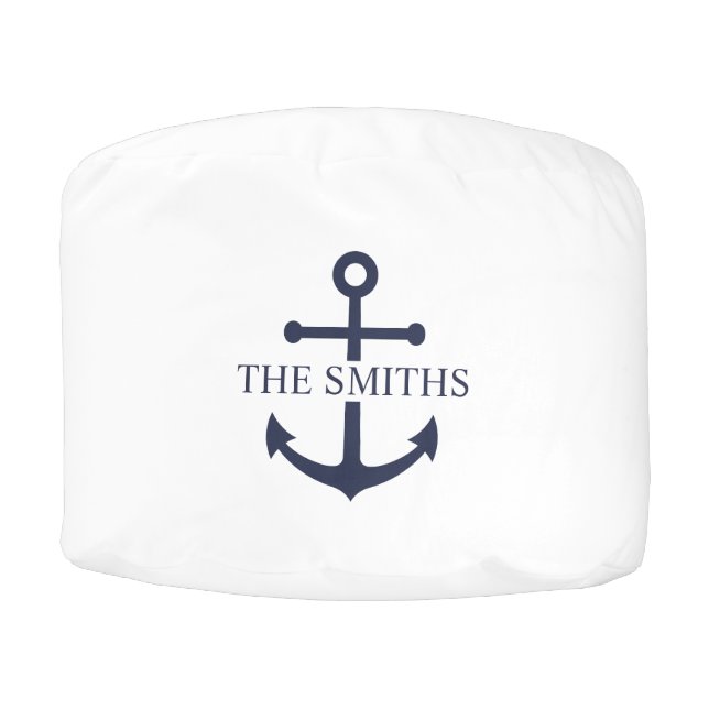 Nautical Navy Blue Anchor Personalized Family Name Pouf (Front)