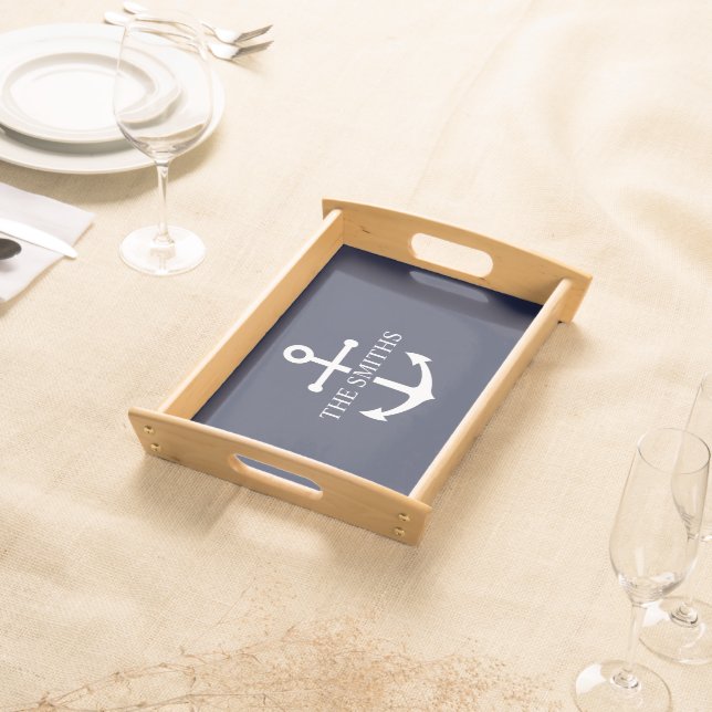 Nautical Navy Blue Anchor Personalized Family Name Serving Tray (Front)