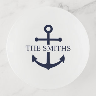 Nautical Navy Blue Anchor Personalized Family Name Trinket Tray