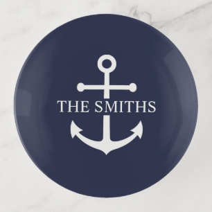 Nautical Navy Blue Anchor Personalized Family Name Trinket Tray