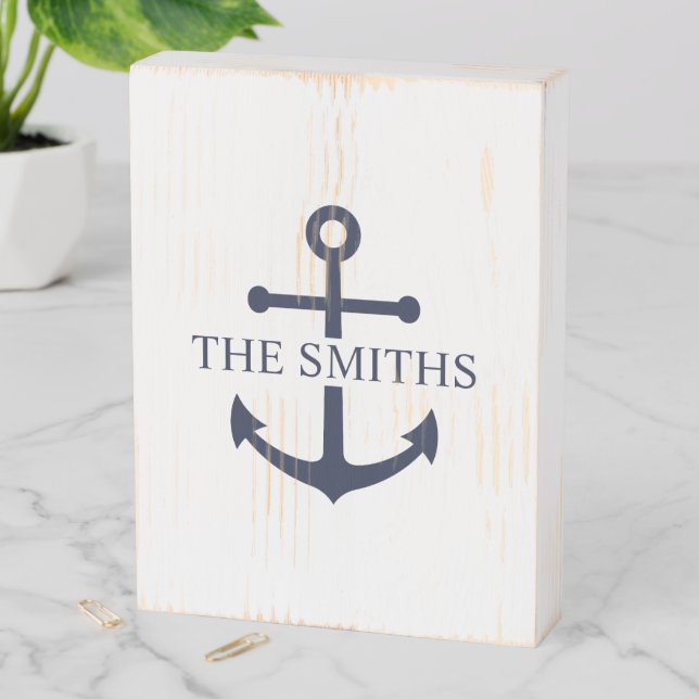 Nautical Navy Blue Anchor Personalized Family Name Wooden Box Sign (In Situ Vertical)
