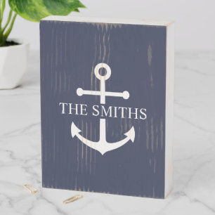 Nautical Navy Blue Anchor Personalized Family Name Wooden Box Sign