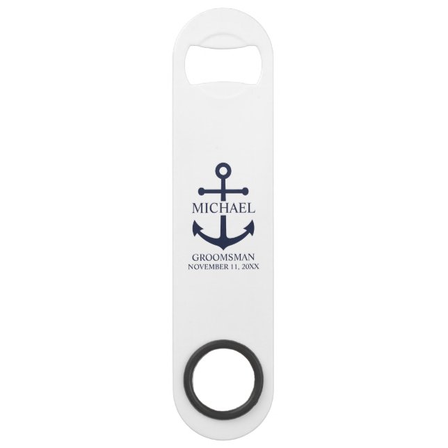 Nautical Navy Blue Anchor Personalized Groomsmen Bar Key (Front)