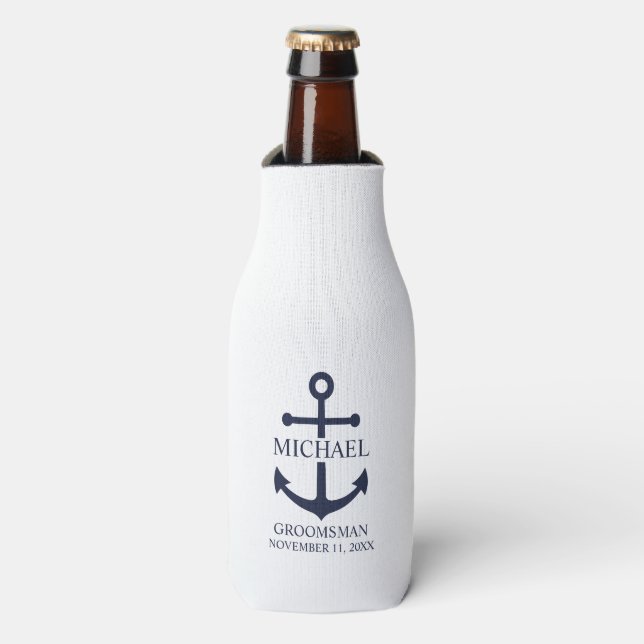 Nautical Navy Blue Anchor Personalized Groomsmen Bottle Cooler (Bottle Front)