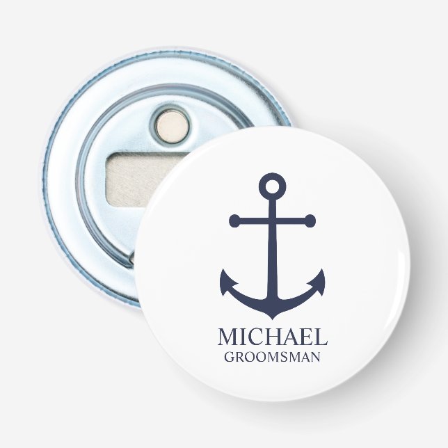 Nautical Navy Blue Anchor Personalized Groomsmen Bottle Opener (Front)