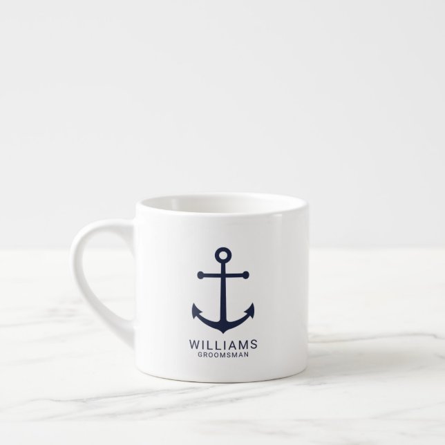 Nautical Navy Blue Anchor Personalized Groomsmen C Espresso Cup (Left)