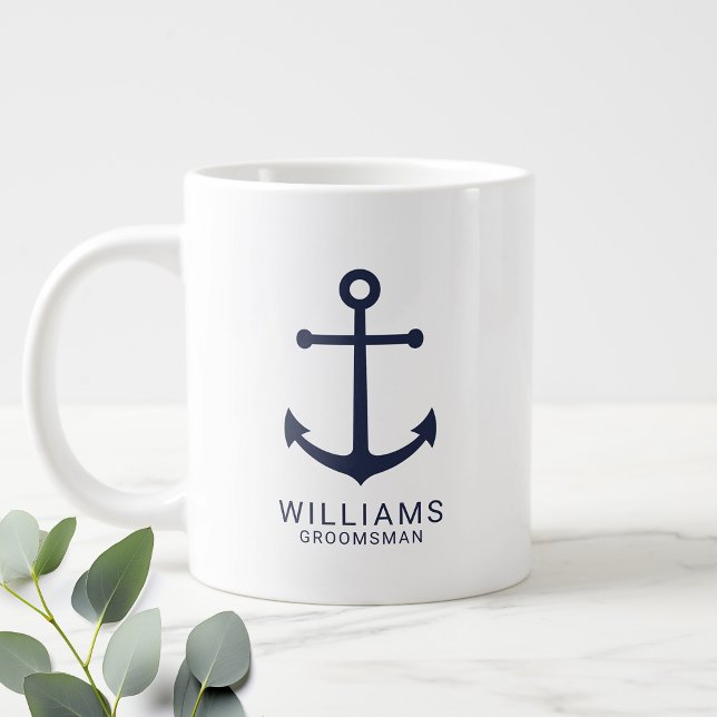 Nautical Navy Blue Anchor Personalized Groomsmen C Giant Coffee Mug (Creator Uploaded)