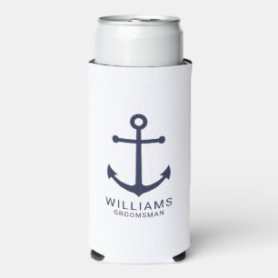 Nautical Navy Blue Anchor Personalized Groomsmen C Seltzer Can Cooler
