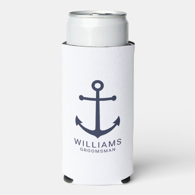 Nautical Navy Blue Anchor Personalized Groomsmen C Seltzer Can Cooler (Seltzer Front)