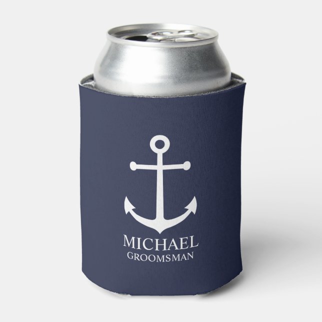 Nautical Navy Blue Anchor Personalized Groomsmen Can Cooler (Can Front)