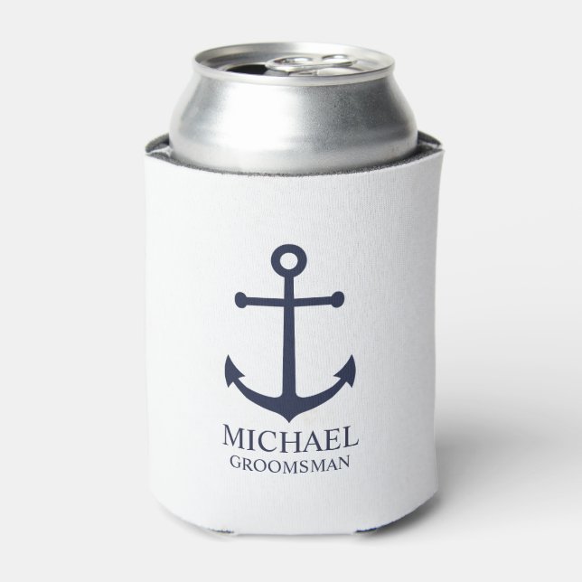 Nautical Navy Blue Anchor Personalized Groomsmen Can Cooler (Can Front)
