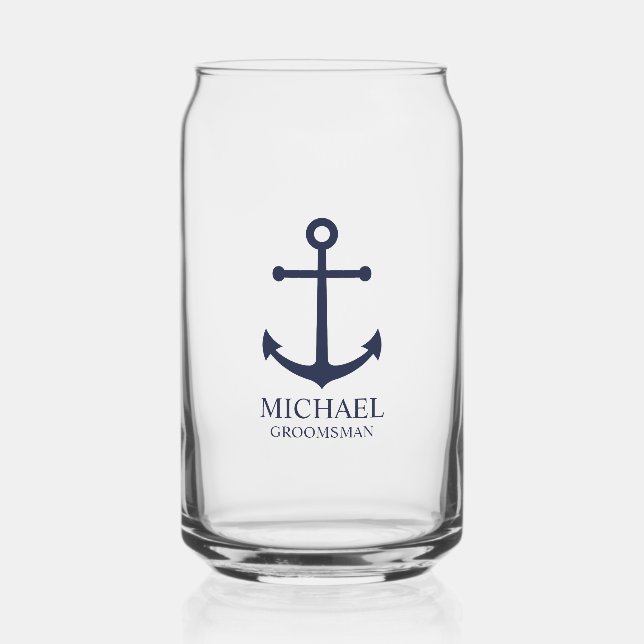 Nautical Navy Blue Anchor Personalized Groomsmen Can Glass (Front)