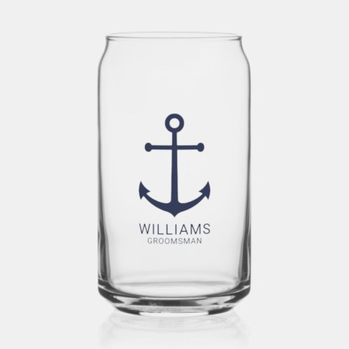 Nautical Navy Blue Anchor Personalized Groomsmen Can Glass