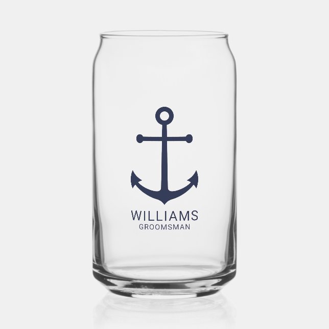 Nautical Navy Blue Anchor Personalized Groomsmen Can Glass (Front)